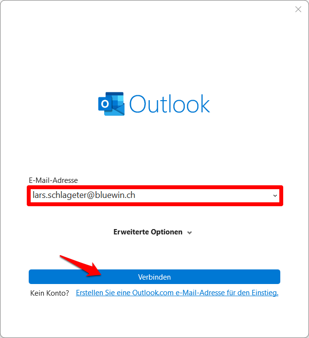 bluewin.ch E-Mail-Adresse in Outlook einrichten