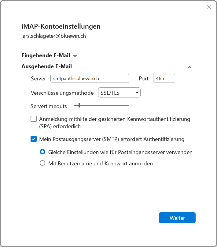 Outlook-Einstellungen für bluewin.ch E-Mail