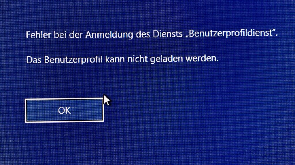 Fehler bei der Anmeldung des Dienstes "Benutzerprofildienst". Das Benutzerprofil kann nicht geladen werden.