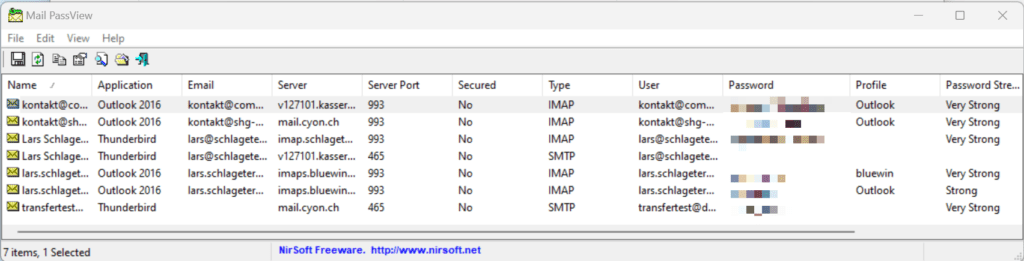 Mit "Mail PassView" ausgelesene Passwörter