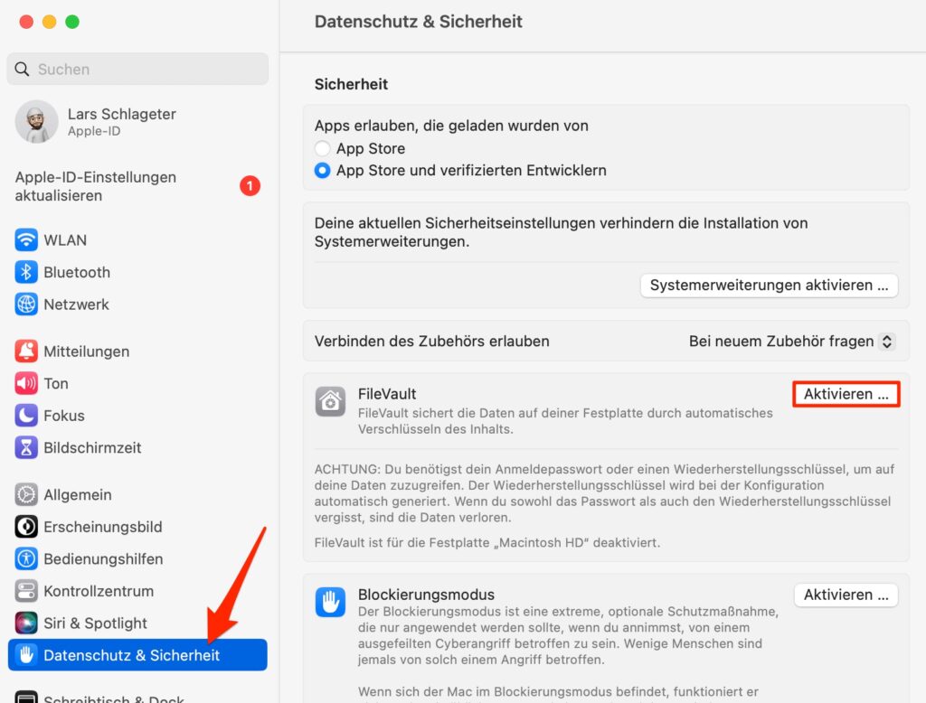 Festplattenverschlüsselung Filevault auf dem Mac aktivieren