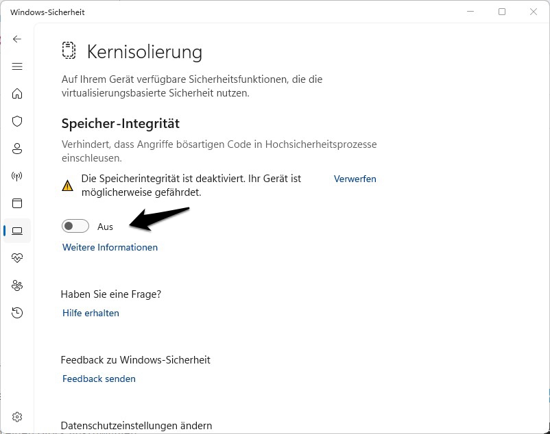 Windows Gerätesicherheit Einstellungen