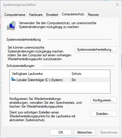 Einen Windows Systemwiederherstellungspunkt erstellen