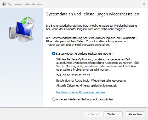 Einen Windows Systemwiederherstellungspunkt einspielen