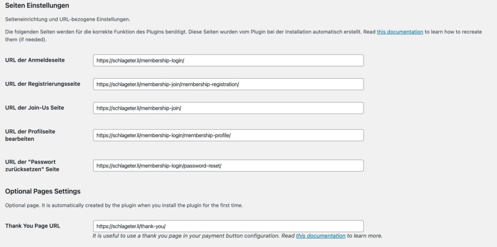 Mitgliederbereich WordPress - Seiten des Plugins