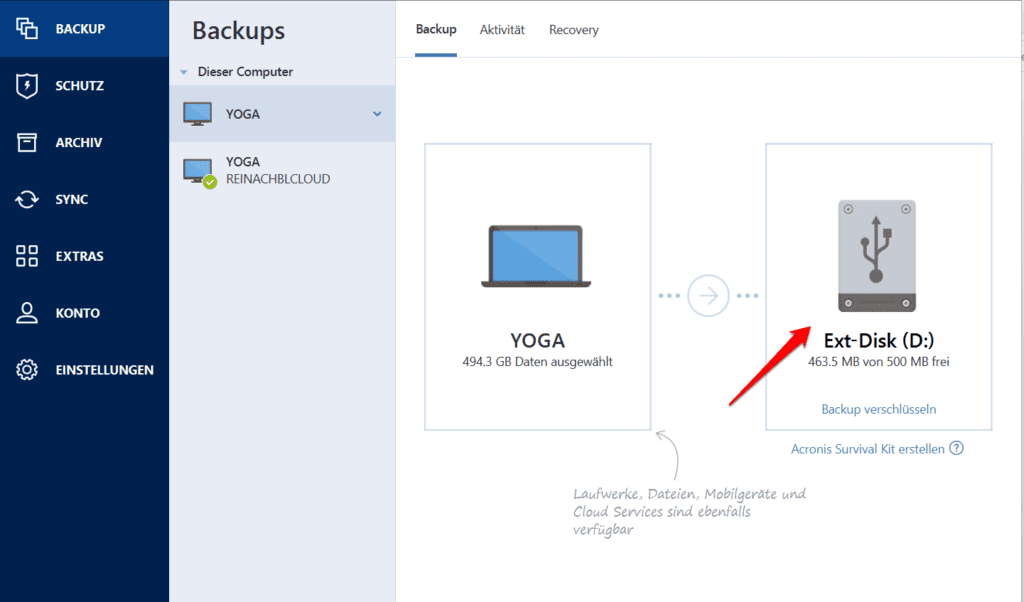 Acronis Cyber Protect Home Office - Sicherung auf externe Disk einrichten